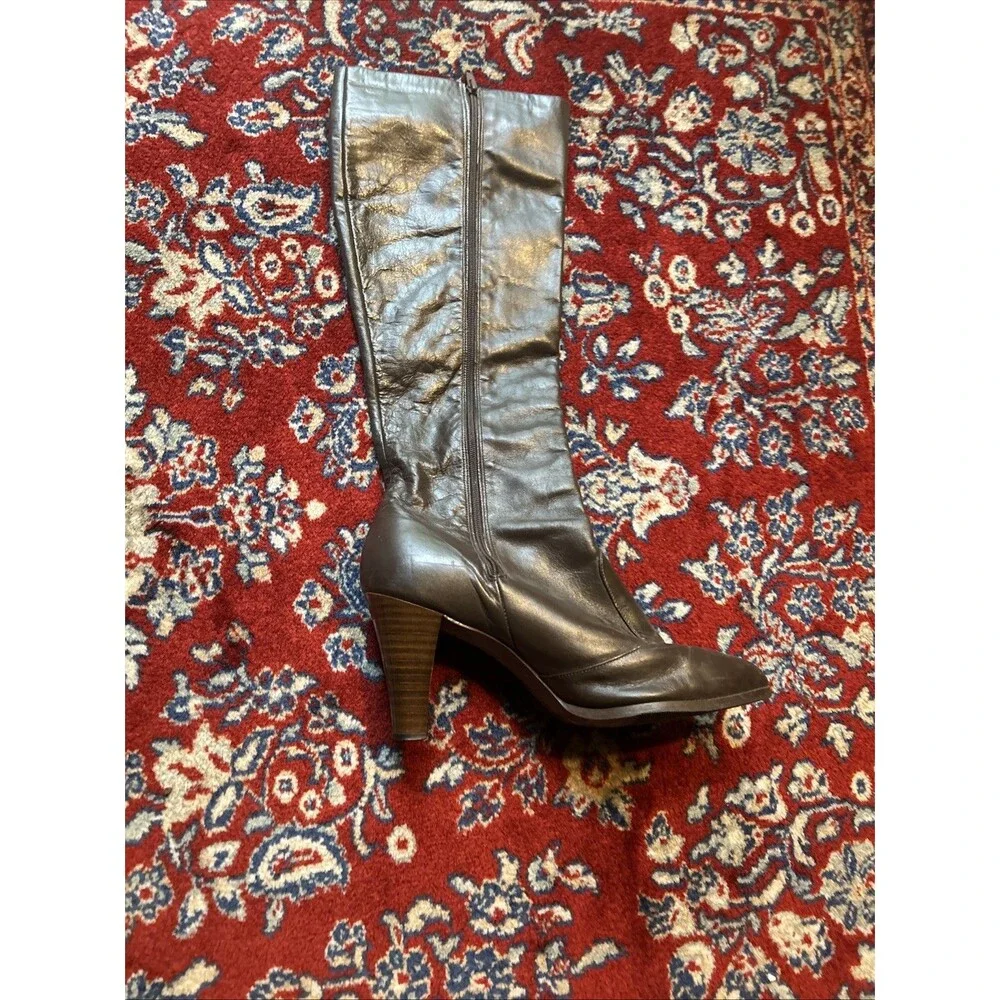 Vintage Joyce California Brown Leather Knee High Boots Block Heel